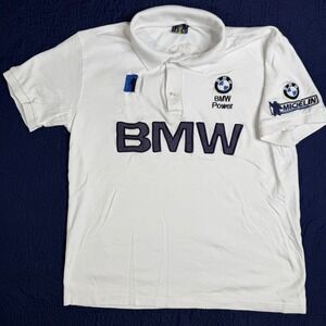 BMW Power Racing Polo Shirt Mens Large White Michelin Embroidered Short Sleeve